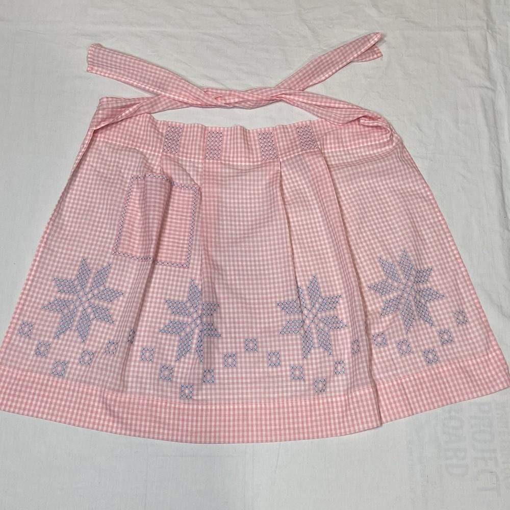 Vintage Handmade Half Waist Apron Embroidered Light Pink And Blue Pocket
